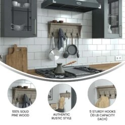 Merrick Lane Pine Wood 24 Inch Wall Mount Storage Rack With 5 Hanging Hooks And Upper Display Shelf -Home Shop GUEST 025be7f4 6880 4025 a5b7 9daa6b445bdc