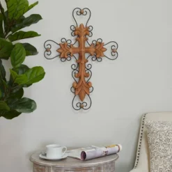 Wood Biblical Carved Cross Wall Decor With Metal Scrollwork - Olivia & May -Home Shop GUEST 271775ba 4c14 4f1c 96a6 4063baf5817d