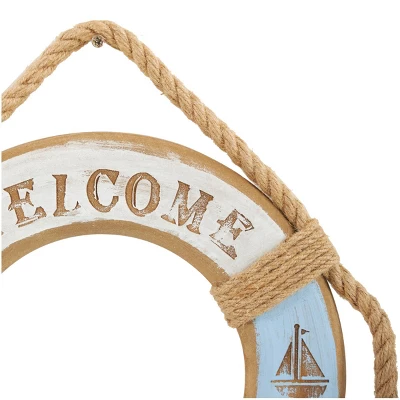 Set Of 2 Wood Sign Handmade 'Welcome' Rope Life Ring Wall Decors With Varying Details Blue - Olivia & May 4 Set Of 2 Wood Sign Handmade 'Welcome' Rope Life Ring Wall Decors With Varying Details Blue - Olivia & May - Image 2