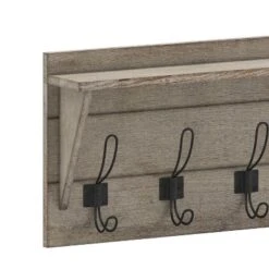 Merrick Lane Pine Wood 24 Inch Wall Mount Storage Rack With 5 Hanging Hooks And Upper Display Shelf -Home Shop GUEST 3f93f693 e1ae 483b b058 62edcc8fbc65