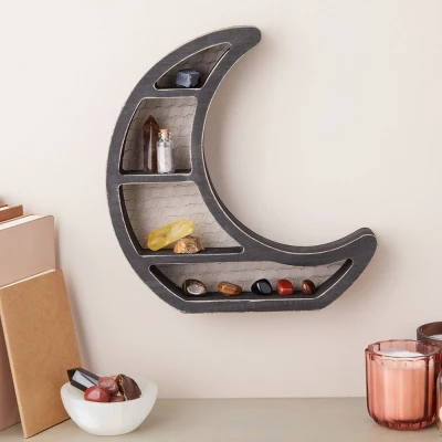 Farmlyn Creek Small Wooden Crescent Moon Wall Shelf For Crystals & Essential Oils, Rustic Home Wall Decor For Nursery, Black, 10.7 X 11.2 X 2 In 4 Farmlyn Creek Small Wooden Crescent Moon Wall Shelf For Crystals & Essential Oils, Rustic Home Wall Decor For Nursery, Black, 10.7 X 11.2 X 2 In - Image 2