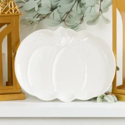 Transpac Dolomite 13 In. White Harvest Pumpkin Hobnail Platter