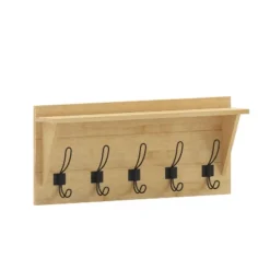 Merrick Lane Pine Wood 24 Inch Wall Mount Storage Rack With 5 Hanging Hooks And Upper Display Shelf -Home Shop GUEST 475d0a06 1f5c 49a2 bdc2 977bd3911d26