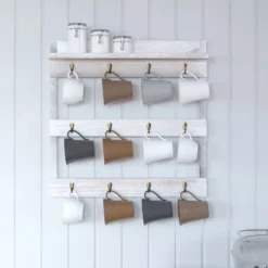 Merrick Lane Steeley Wooden Wall Mount Mug Rack Organizer With Upper Storage Shelf And Metal Hanging Hooks With No Assembly Required -Home Shop GUEST 5347eef2 45da 4a9a a654 db3b6f4db528
