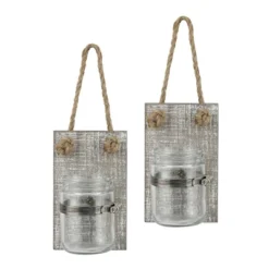 Set Of 2 3.3" X 5.5" Rustic Wooden Mason Jar Wall Sconce Set Worn White/Brown - Stonebriar Collection