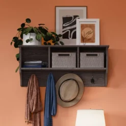 Woodbury Wall Shelf With Cubbies And Hooks Woodgrain - RiverRidge Home -Home Shop GUEST 5e31ff2d 4559 4698 ba19 1981831cd196