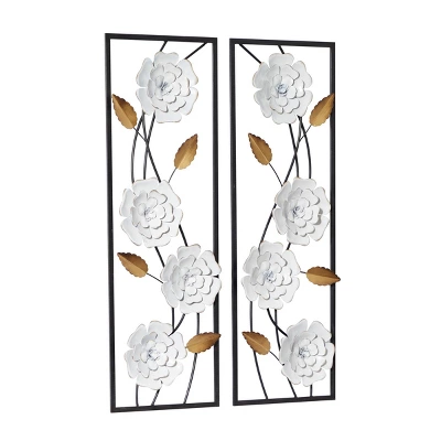 Set Of 2 Metal Floral Wall Decors With Black Frame White - Olivia & May 6 Set Of 2 Metal Floral Wall Decors With Black Frame White - Olivia & May - Image 4