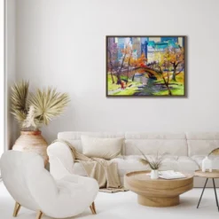 Americanflat Fall In Central Park 21"x31" Brown Framed Canvas