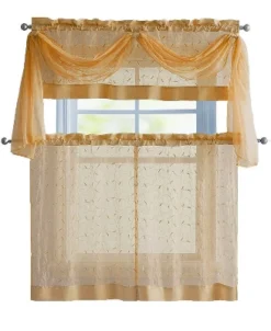 Kate Aurora Complete 4 Piece Linen Leaf Embroidered Complete Kitchen Curtain Set -Home Shop GUEST a410e61d 984e 40b8 b8d9 9a433e1add73