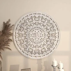 Wood Floral Handmade Intricately Carved Wall Decor With Mandala Design White - Olivia & May -Home Shop GUEST ab5847ab 2379 4655 a298 30f12954a3e6