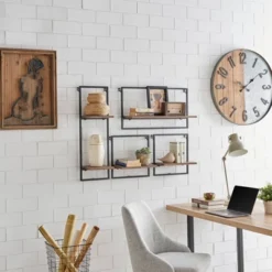 24" X 8" 4pc Rustic Industrial Framed Wall Shelf Set Black - Danya B.