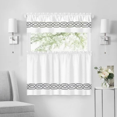 Kate Aurora Pacifico Complete 3 Piece Rod Pocket Embroidered Tier & Valance Kitchen Curtain Set 3 Kate Aurora Pacifico Complete 3 Piece Rod Pocket Embroidered Tier & Valance Kitchen Curtain Set