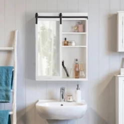 22" X 28" Wexton Decorative Farmhouse Wall Cabinet With Sliding Mirror Door White - Kate & Laurel All Things Decor -Home Shop GUEST c52c9803 79a6 4825 ae02 20a55bef7575