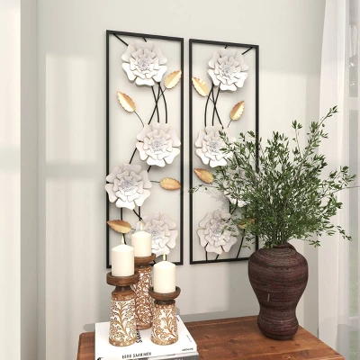 Set Of 2 Metal Floral Wall Decors With Black Frame White - Olivia & May 9 Set Of 2 Metal Floral Wall Decors With Black Frame White - Olivia & May - Image 7