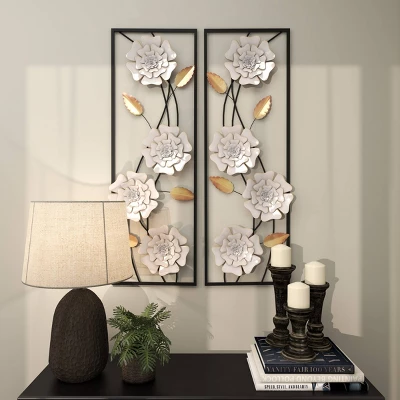 Set Of 2 Metal Floral Wall Decors With Black Frame White - Olivia & May 10 Set Of 2 Metal Floral Wall Decors With Black Frame White - Olivia & May - Image 8