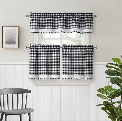 Kate Aurora Complete 3 Piece Country Farmhouse Plaid Gingham Black & White Buffalo Check Kitchen Curtain Tier & Valance Set 6 Kate Aurora Complete 3 Piece Country Farmhouse Plaid Gingham Black & White Buffalo Check Kitchen Curtain Tier & Valance Set - Image 4