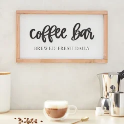 Farmlyn Creek Coffee Bar Sign, Wooden Farmhouse Coffee Bar Decor With Hooks, 16 X 9 In