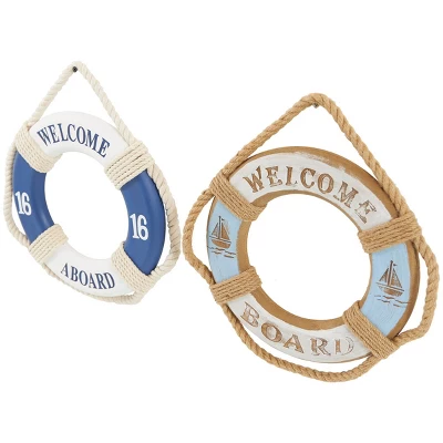Set Of 2 Wood Sign Handmade 'Welcome' Rope Life Ring Wall Decors With Varying Details Blue - Olivia & May 3 Set Of 2 Wood Sign Handmade 'Welcome' Rope Life Ring Wall Decors With Varying Details Blue - Olivia & May